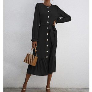 Button Front Belted Ruffle Hem Dress
